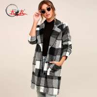 Ladies Black and White Plaid Brushed Women Long Sleeve Winter Wool Trench Coat